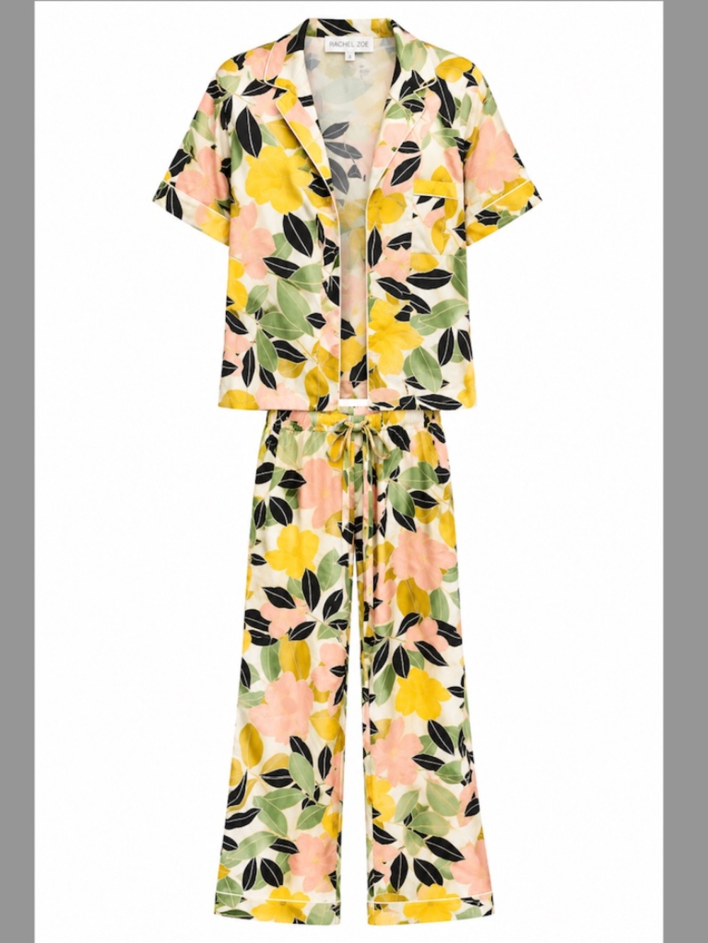 Rachel Zoe Silk Floral Short Sleeve Button Top and Pants Sleep Set Size Small